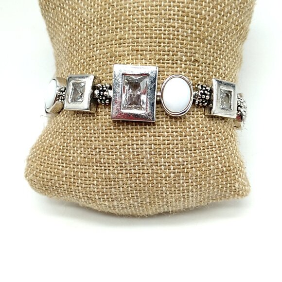 Lia Sophia Clear Cut Crystals Mother of Pearl Textured Links Rhodium Bracelet - Picture 13 of 14